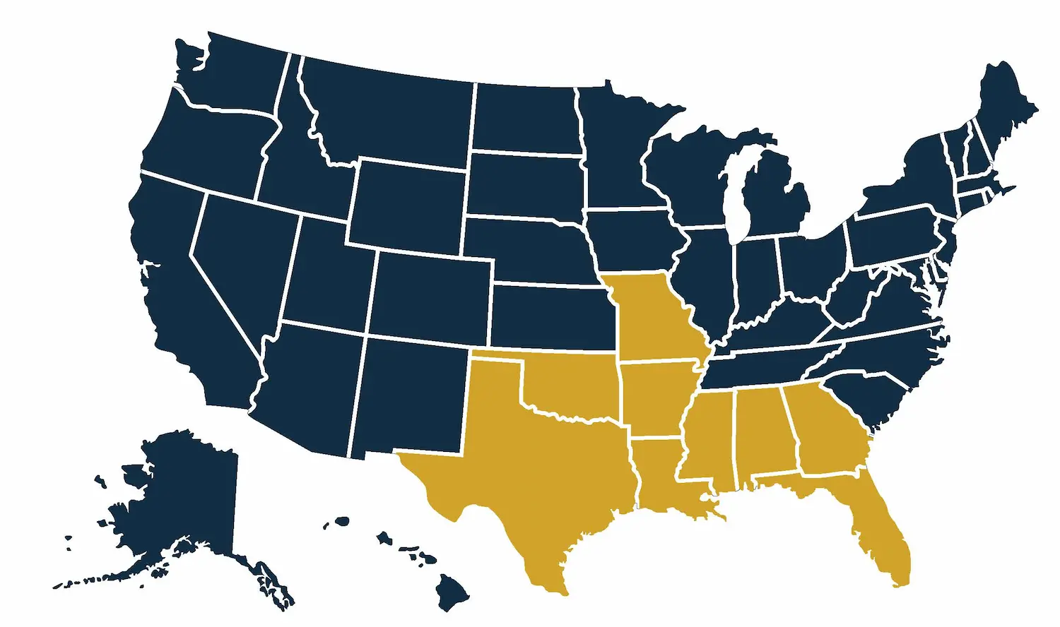 Illustration of the united states with gold highlight on southeast states