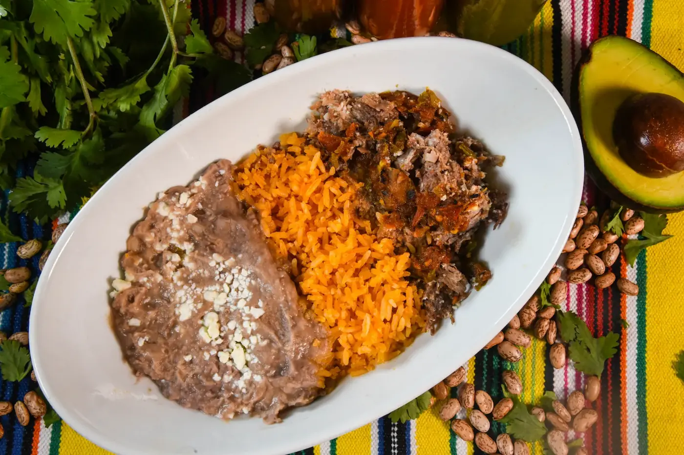 Barbacoa bowl with barbacoa, rice, and beans